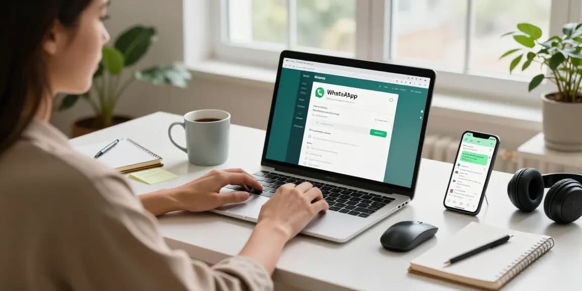 Using WhatsApp電腦版 in a modern home office setup with laptop and smartphone.