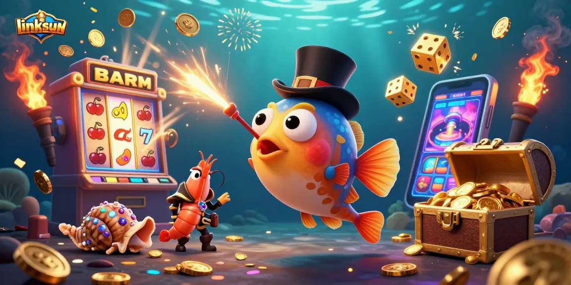 Linksunwin's vibrant undersea casino adventure, featuring animated characters with dazzling treasures.