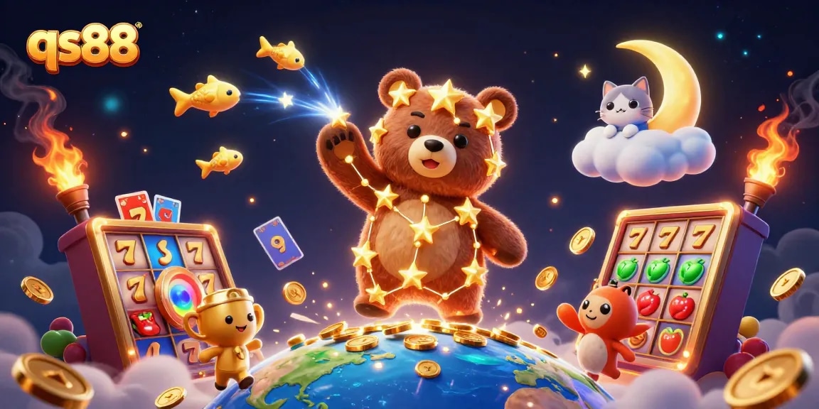 Spin the reels with qs88 in an enchanting 3D casino illustration full of vibrant game elements.
