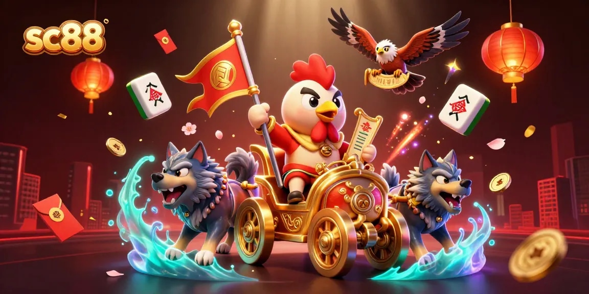 Experience the thrilling adventures at sc88 with a vibrant casino-themed illustration featuring a rooster warlord.