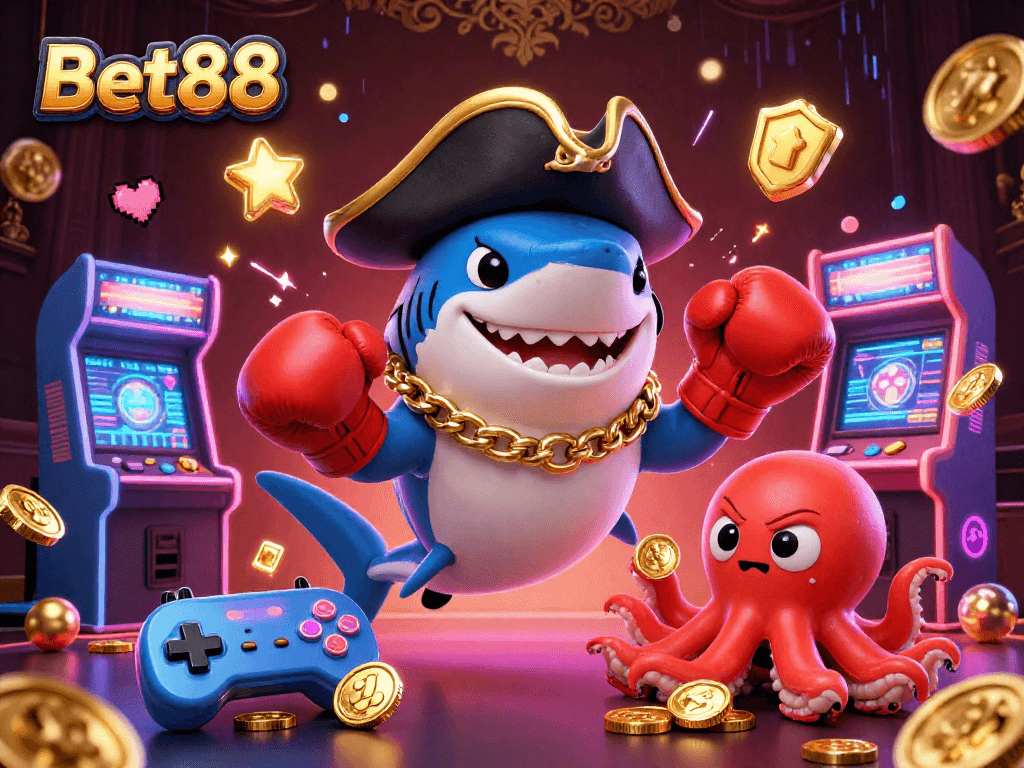 Bet88 showcases exciting gambling action with a pirate shark, a pufferfish, and an octopus in a vibrant casino scene.