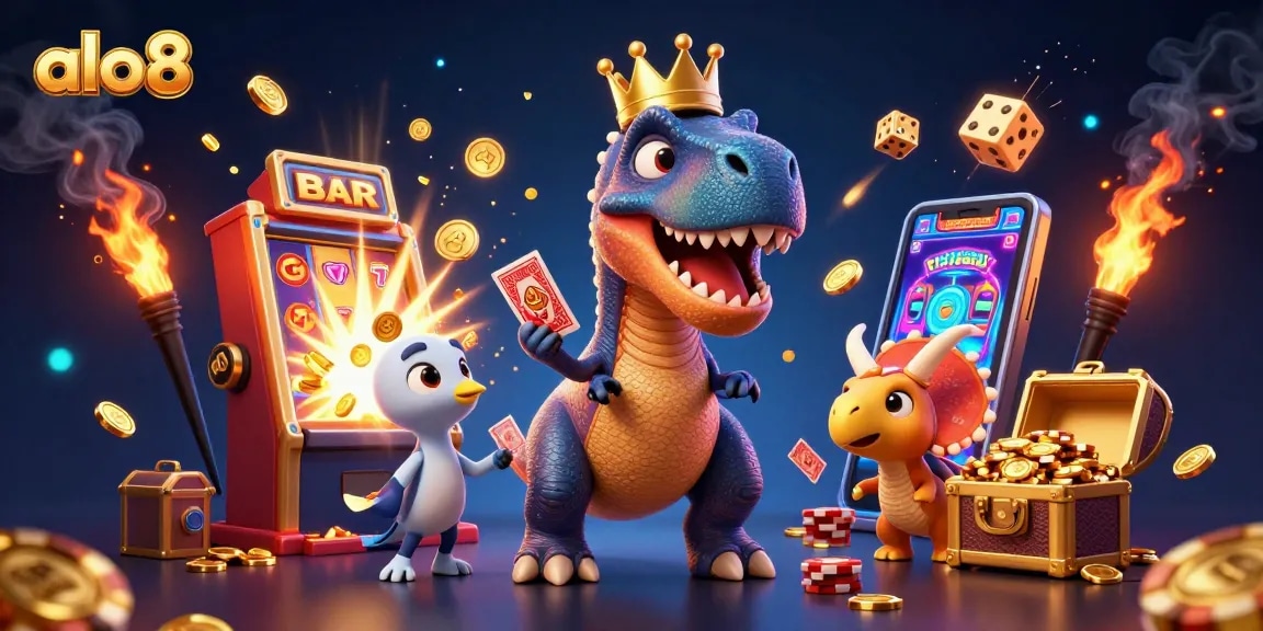 Engage with alo8's thrilling gaming scene featuring T-Rex card shuffling and a jackpot explosion of coins.