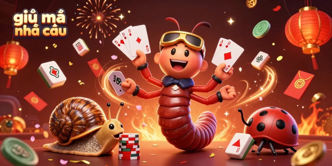 Engage with giải mã nhà cái as the millipede dealer showcases cards, surrounded by festive casino elements.