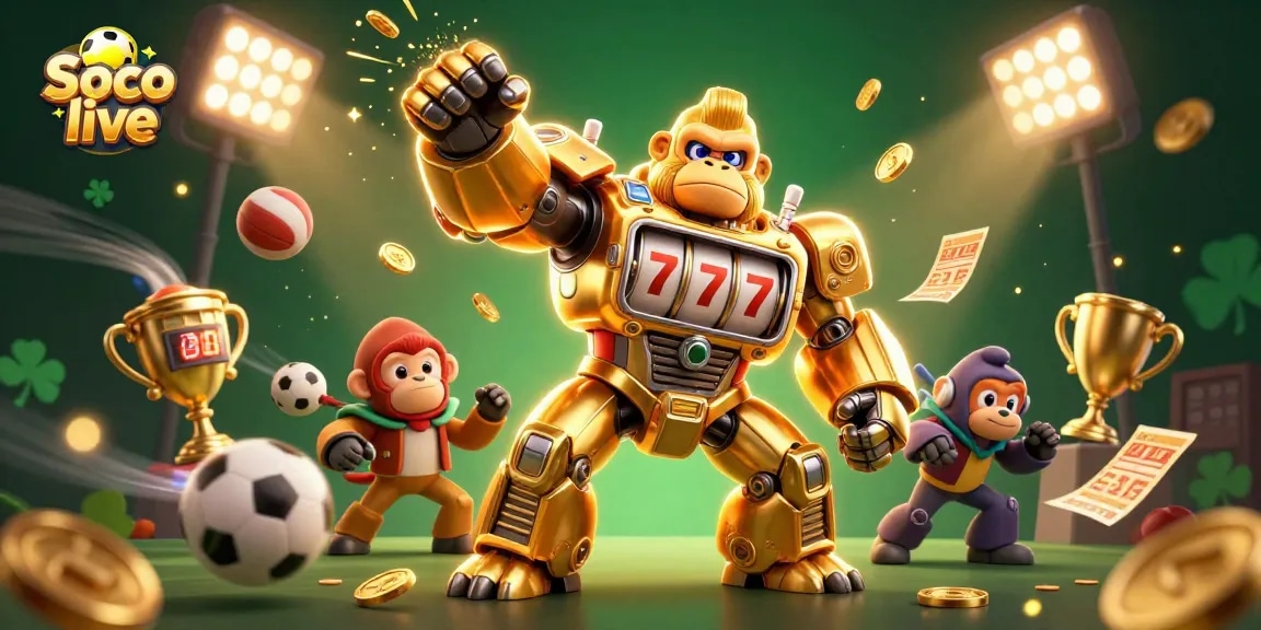 Soco live empowers gamblers with dynamic sports betting visuals, featuring energetic golden gorilla mech and racing sports balls.