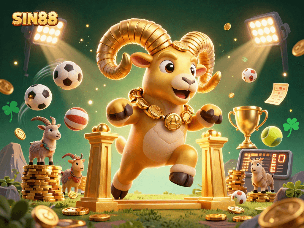 Experience thrilling gameplay with SIN88; massive golden ram charging through a dynamic sports betting scene.