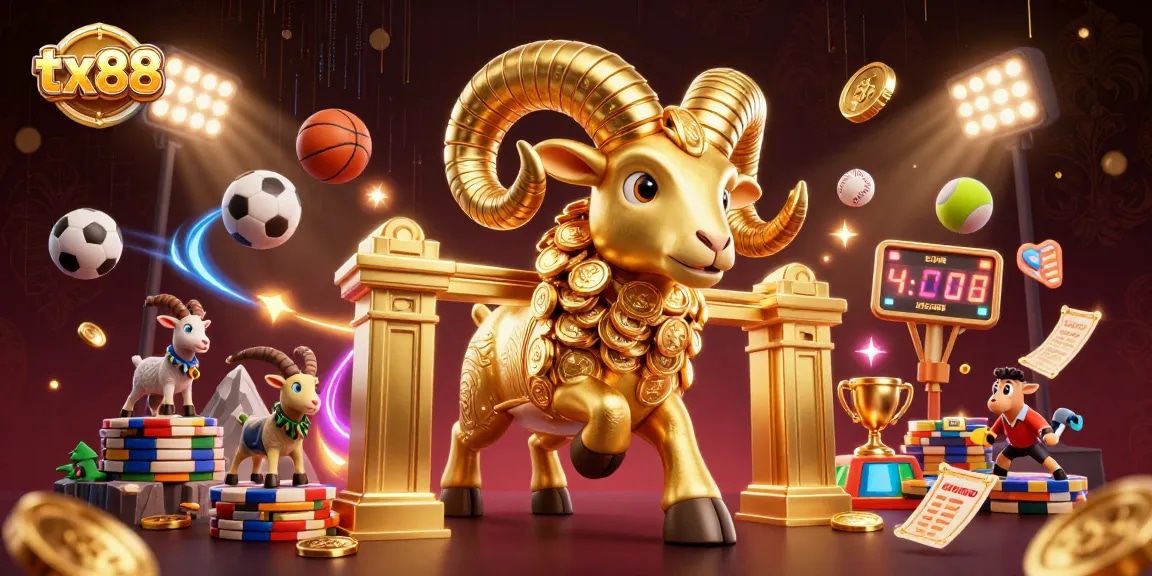 Engage with the tx88 betting frenzy featuring a golden ram, sports balls, and dynamic casino elements.