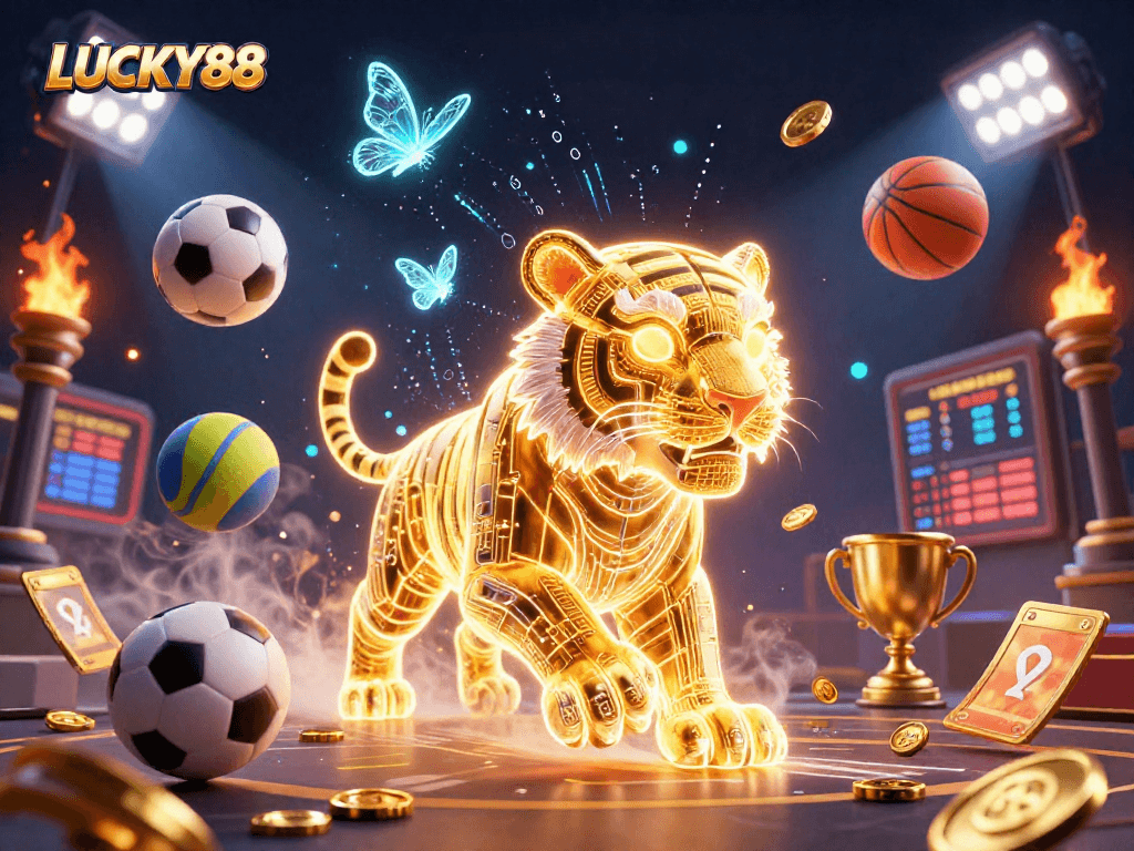 Experience the vibrant world of LUCKY88 with a golden tiger and dynamic casino elements.