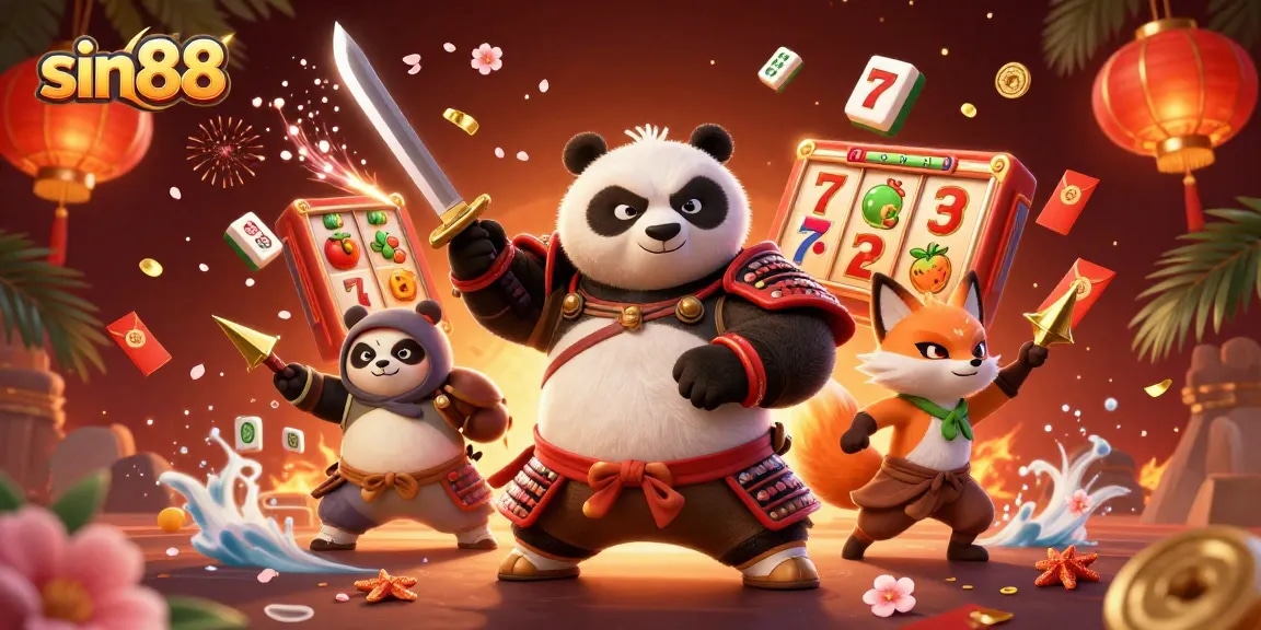 Spin to win with sin88 as a samurai panda battles for jackpots among vibrant casino elements.