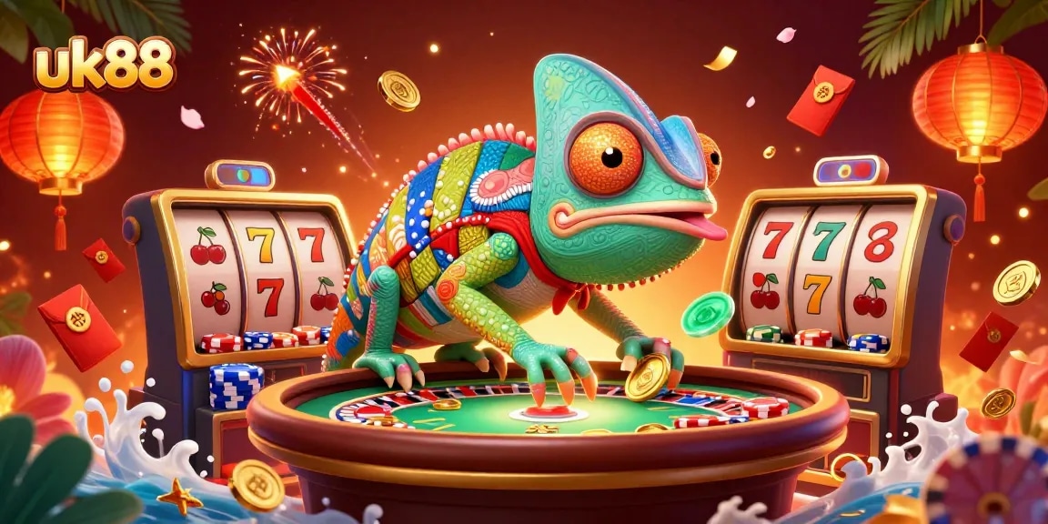 Experience thrills at uk88 with a colorful 3D casino scene featuring a chameleon owner and dynamic game elements.