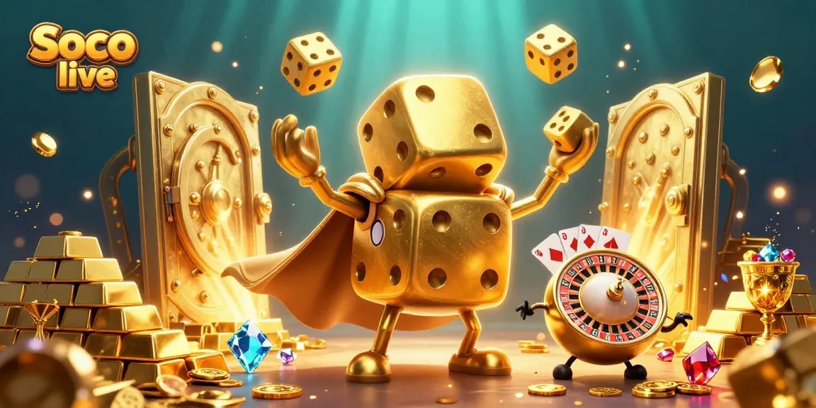 Experience thrilling gaming moments with Soco live's vibrant 3D illustration featuring dynamic casino characters and elements.