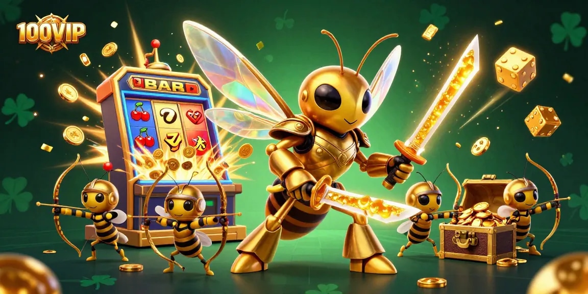 Experience thrilling gameplay with 100VIP's vibrant scene depicting a jackpot explosion and dynamic characters.