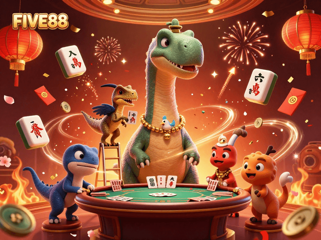 FIVE88 offers an exciting 3D casino experience with vibrant elements of poker and festive decorations.