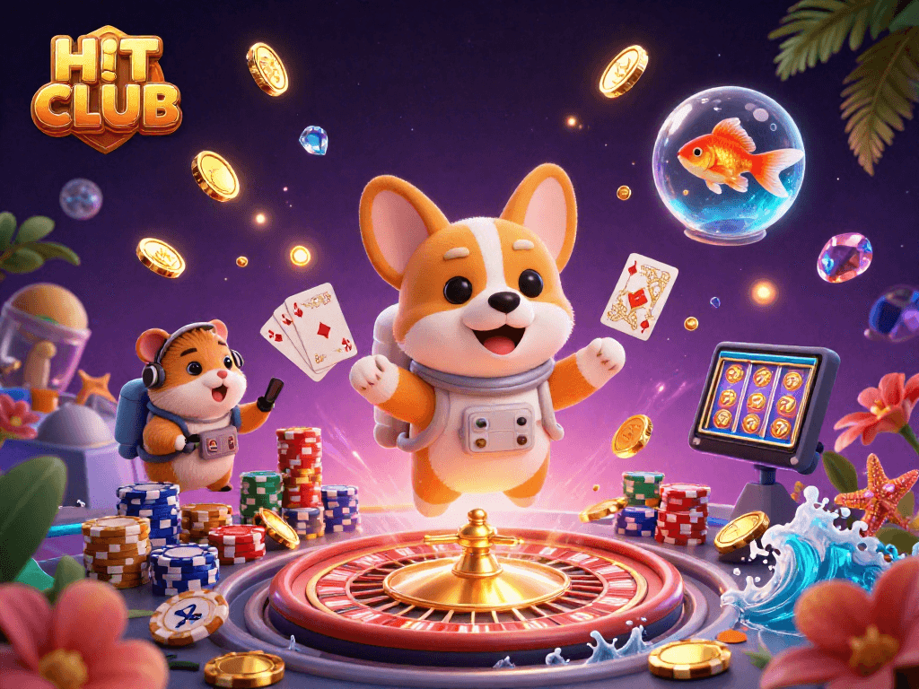 Experience betting excitement at HIT CLUB with dynamic floating characters and vibrant casino elements.