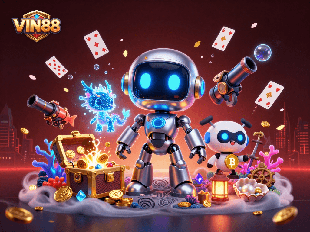 Experience the thrill of VIN88 gaming with a cyberpunk atmosphere featuring a robot mascot and golden treasures.