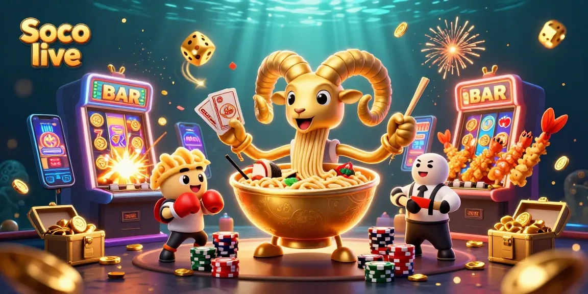 Experience Soco live with vibrant casino graphics featuring a golden ramen bowl and dynamic gameplay.
