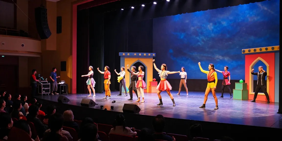 Theater actors rehearsing passionately for a performance of rokok88 slot, with an engaged audience in a vibrant setting.
