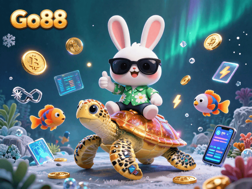 Play and win at Go88 with a vibrant 3D scene featuring crypto elements and a lucky rabbit.