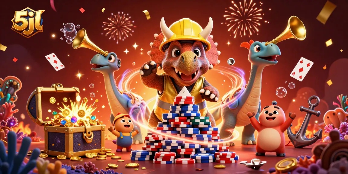 Celebrate with the lively 5jl casino scene featuring animated dinosaurs and gaming treasures.