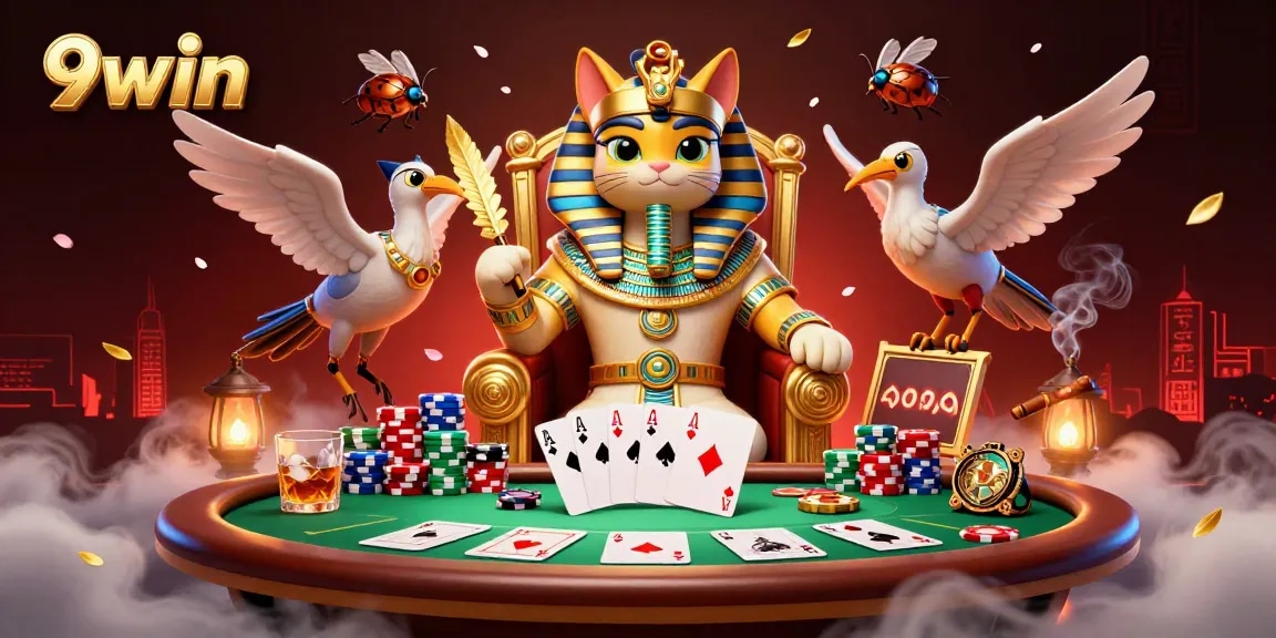 Players enjoy poker at 9win's vibrant casino, featuring rich elements like cards and chips.