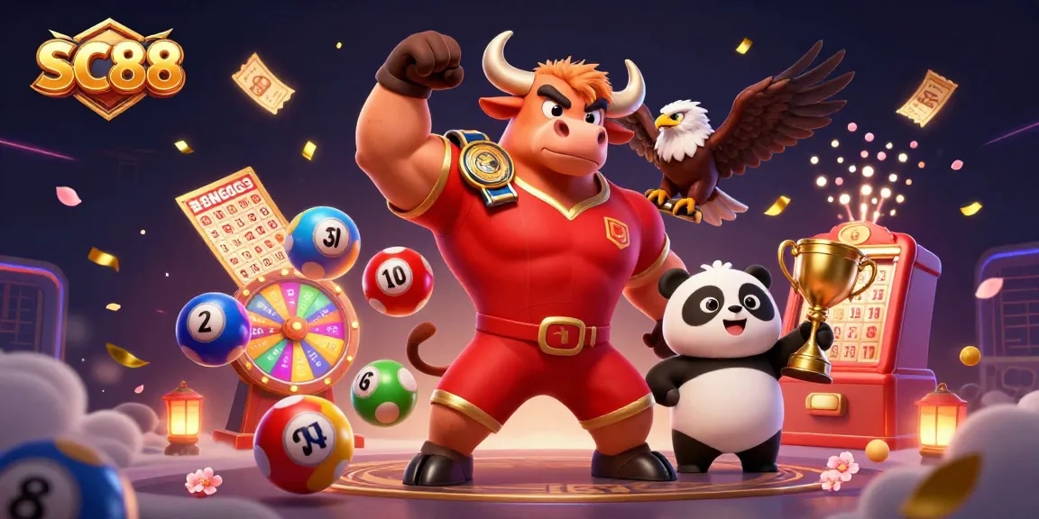 Join the SC88 excitement with a muscular bull mascot celebrating victory amid dynamic lottery elements.