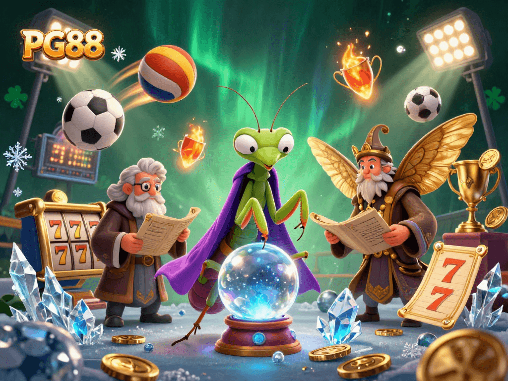 Experience casino magic at PG88 with mystical fortune tellers surrounded by vibrant sports elements.