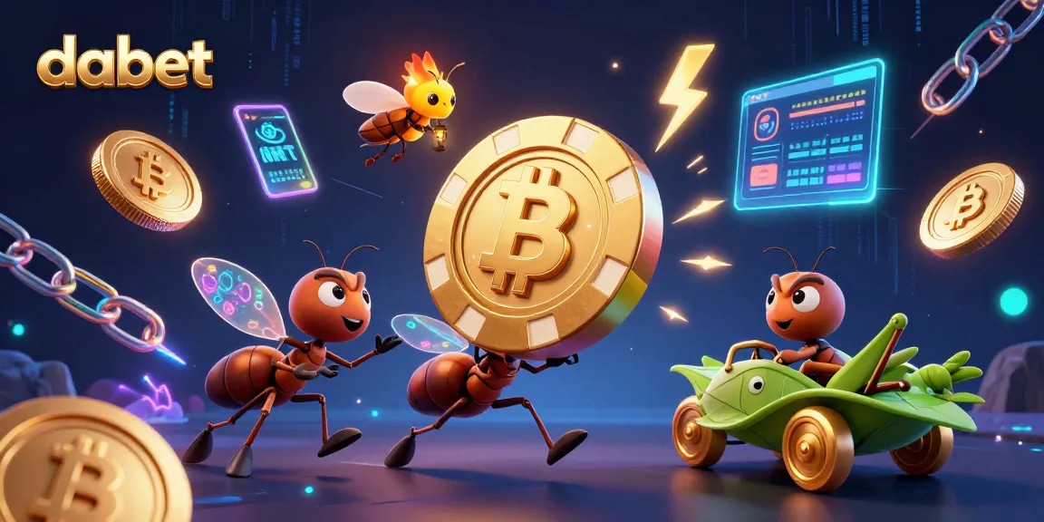 dabet showcases ants heisting a giant poker chip amidst crypto elements in a casino-themed scene.
