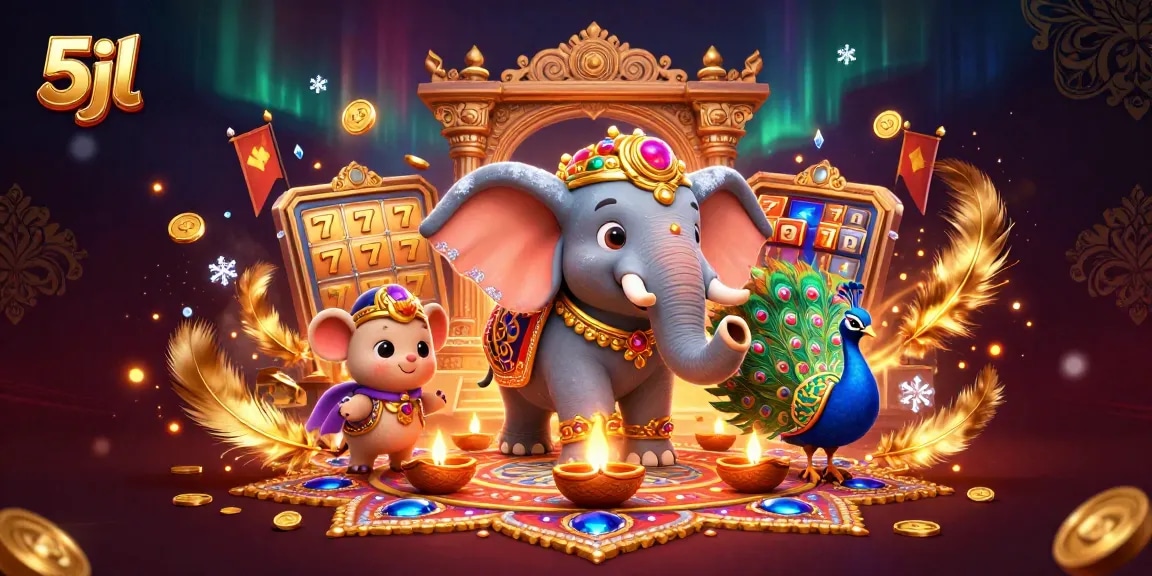 Spin the reels with the vibrant 5jl illustration featuring a colorful elephant and peacock, immersed in the casino atmosphere.