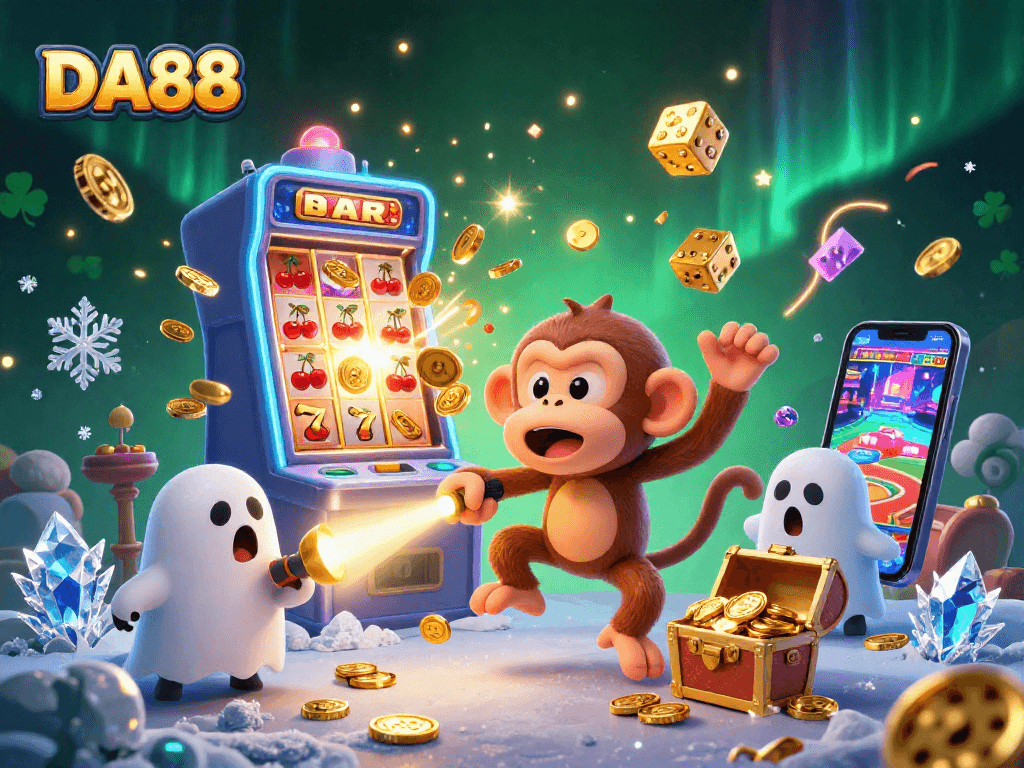 Experience the thrill of DA88 as a mischievous monkey juggles golden coins in a vibrant casino scene.