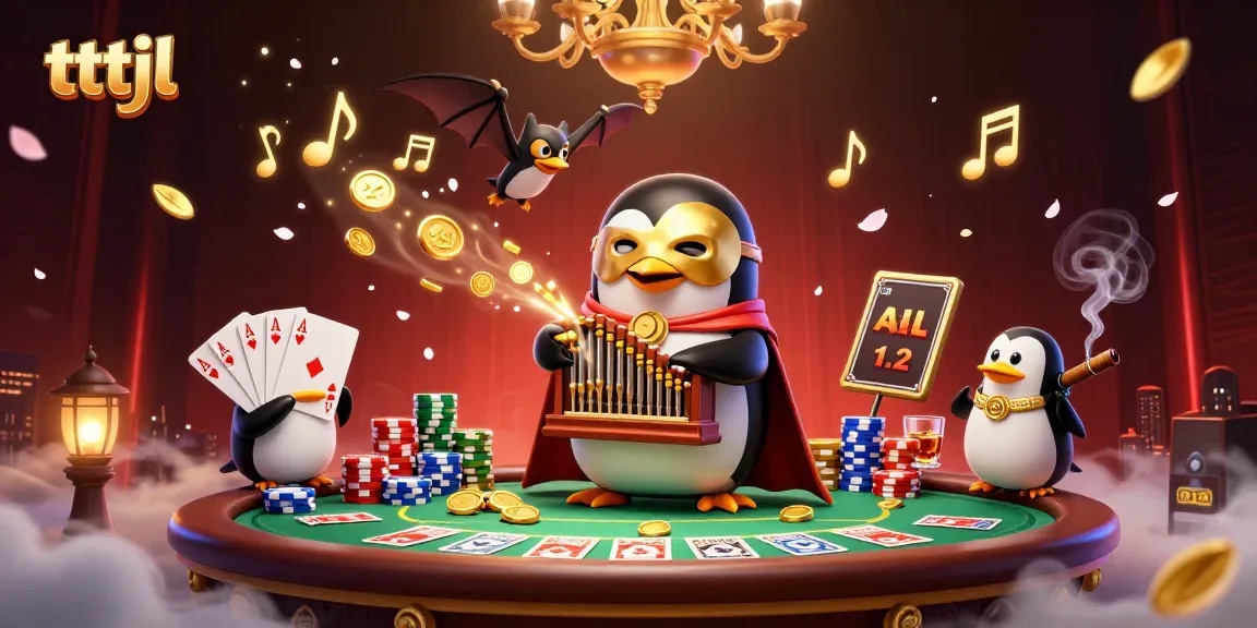 Experience the tttjl excitement with a unique gambling illustration featuring a penguin organist and bat acrobat.