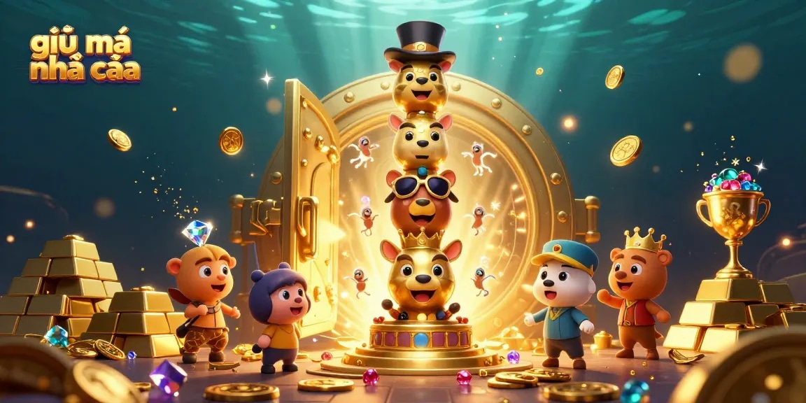Engage with giải mã nhà cái through a lively casino illustration depicting vibrant treasures and spirited totem characters.