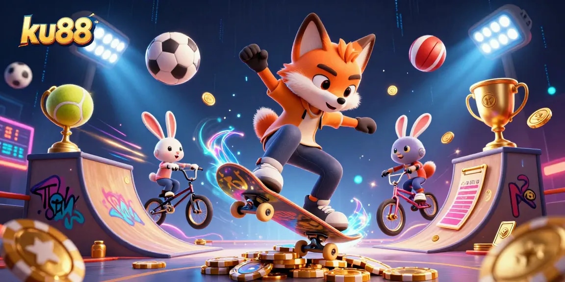 Catch the excitement at ku88 with a vibrant 3D cartoon scene of a fox skateboarder and rabbit BMX rider.
