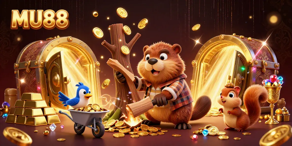 Experience the excitement of MU88 with a vibrant scene featuring cartoon characters and gold treasures.