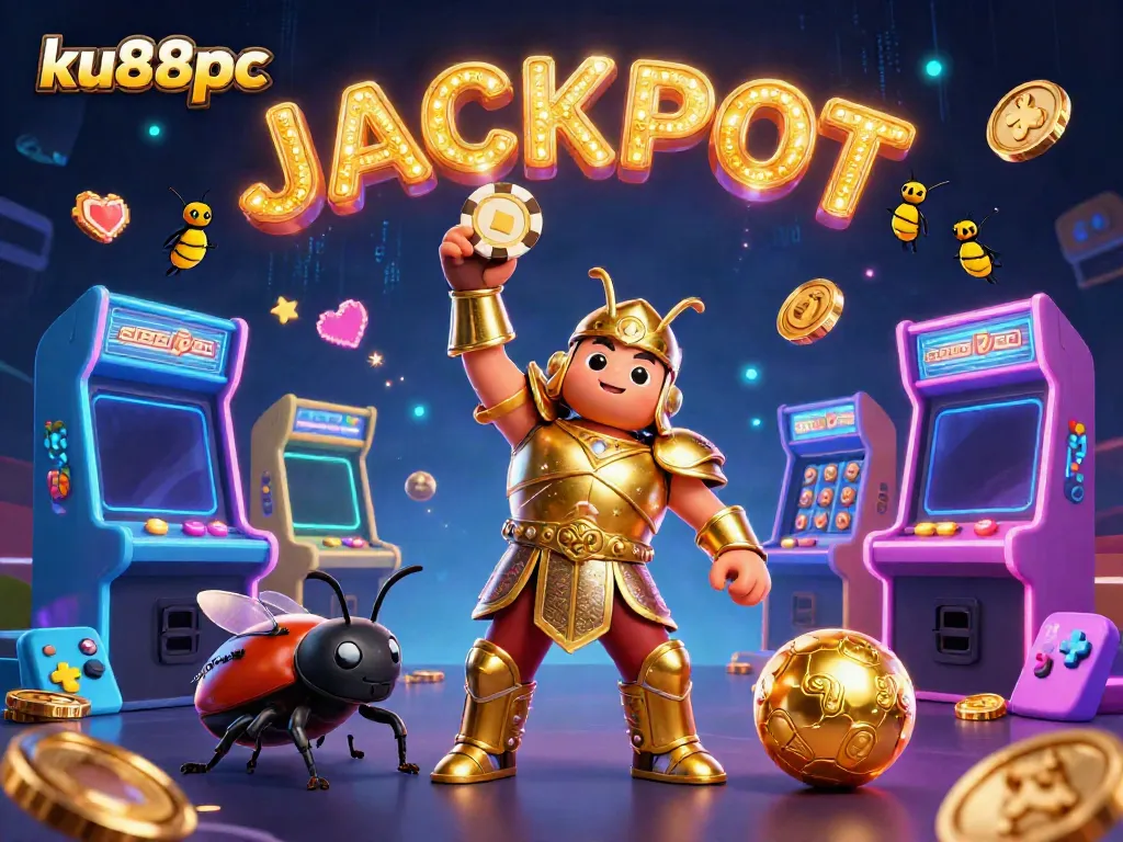 Engage with the thrilling ku88pc jackpot scene featuring a heroic beetle in golden armor lifting a poker chip.