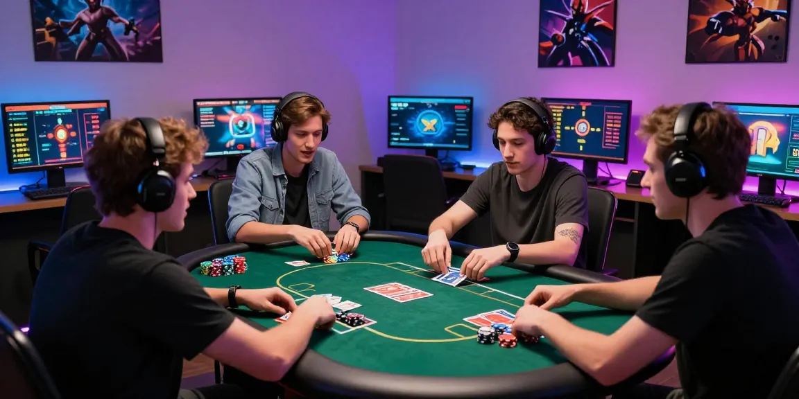 Players enjoying an intense game on HAYWIN platform, showcasing excitement with poker chips and screens on modern setups.