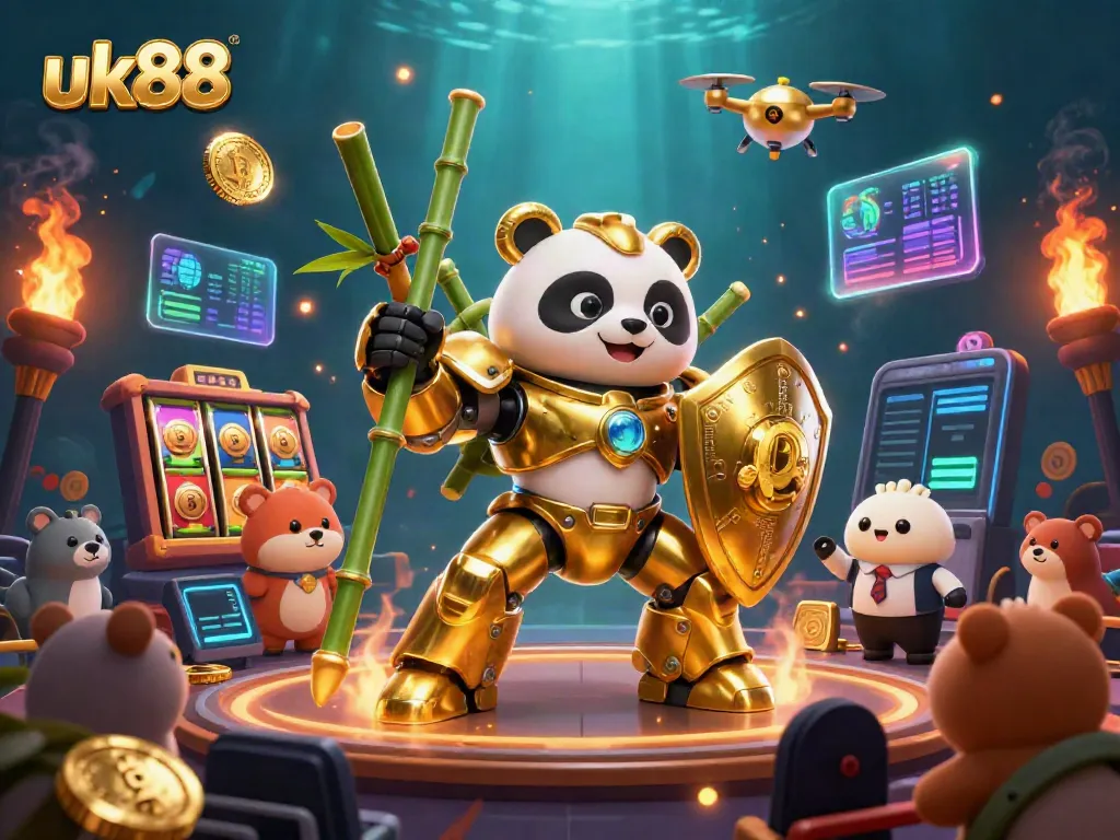 Experience thrilling action with uk88 in a vibrant online casino arena filled with gold coins and slot machines.