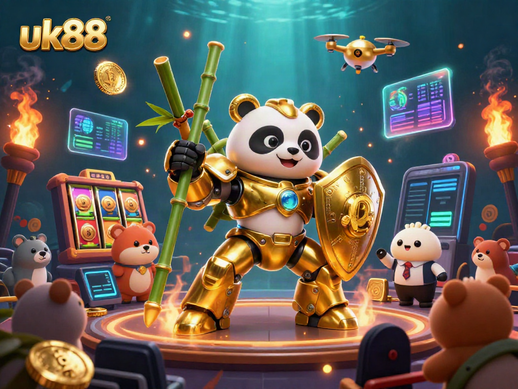 Experience thrilling action with uk88 in a vibrant online casino arena filled with gold coins and slot machines.