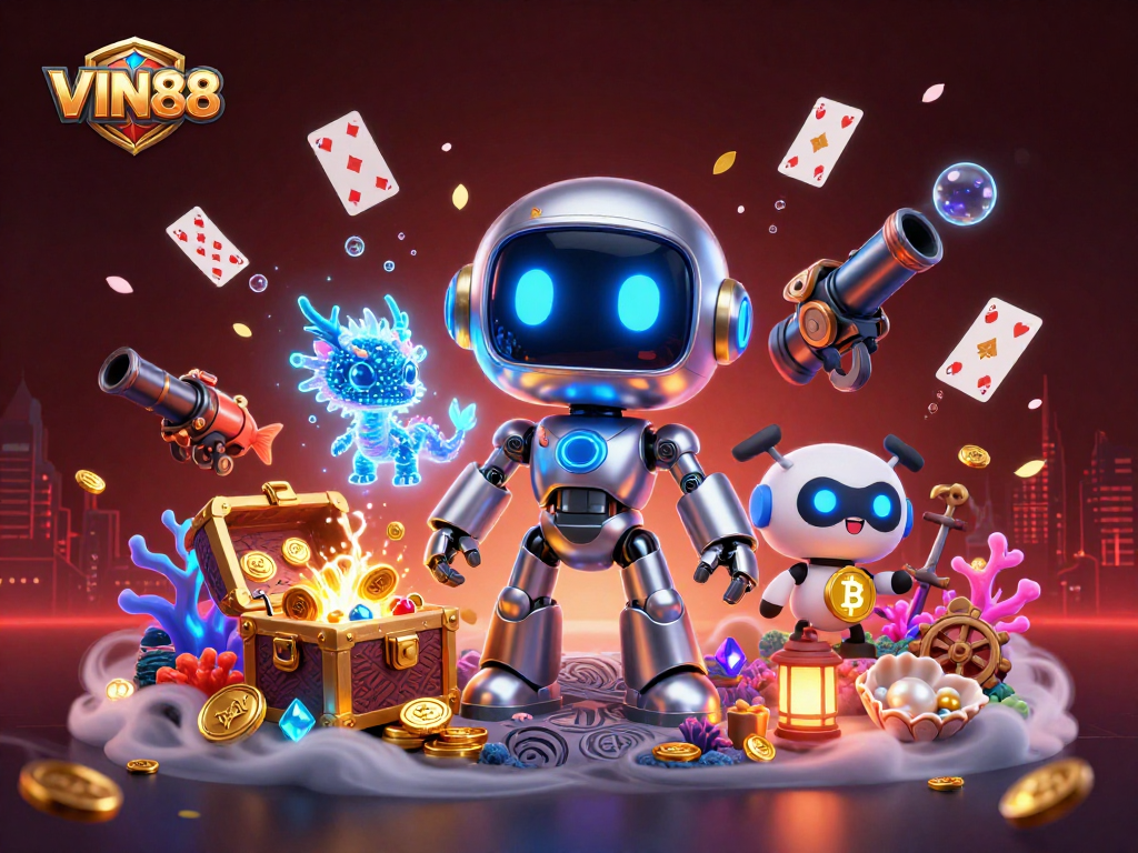 Experience the thrill of VIN88 gaming with a cyberpunk atmosphere featuring a robot mascot and golden treasures.