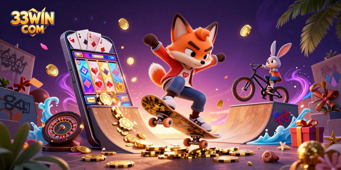 Engage with 33WIN COM through dynamic gaming action featuring a cartoon fox and rabbit in a vibrant casino scene.