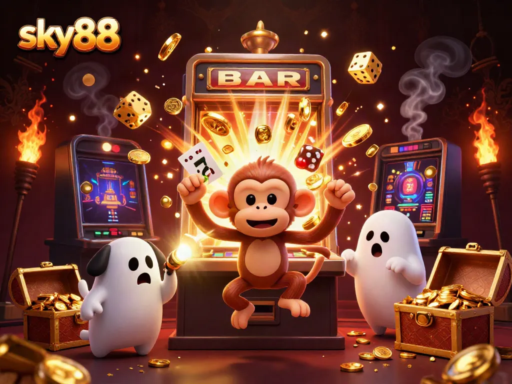Join the fun at sky88 with a playful ghost-hunter puppy chasing golden coins in a vibrant casino scene.
