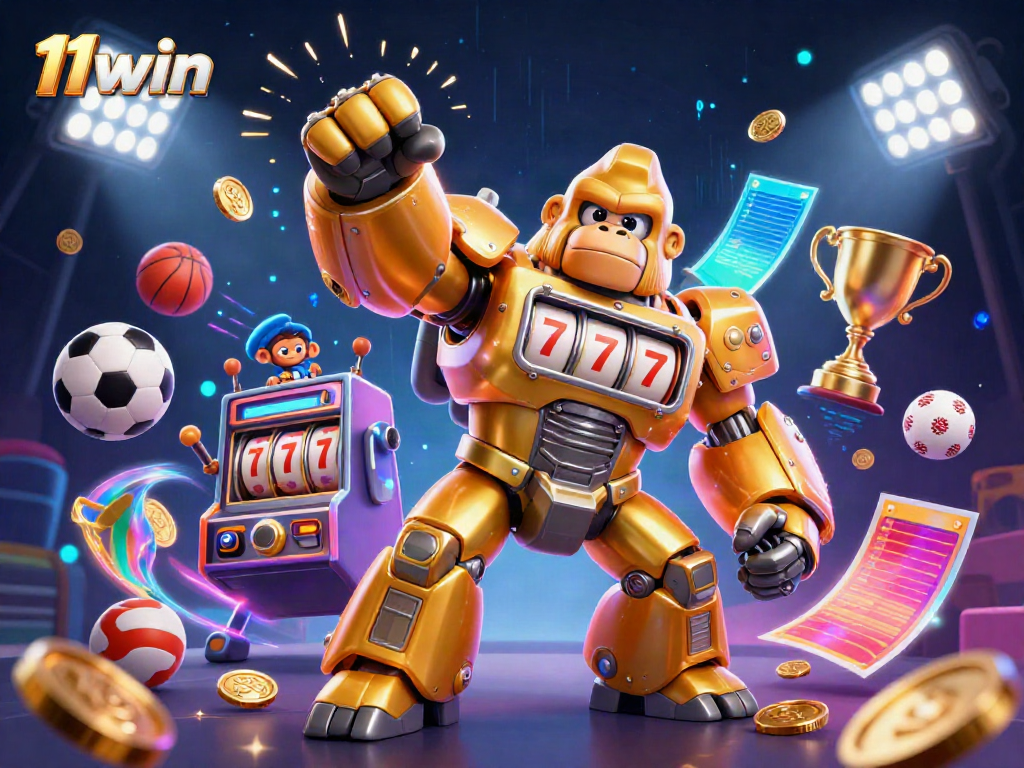 Witness 11win's thrilling gaming environment where a golden gorilla mech bursts with excitement.