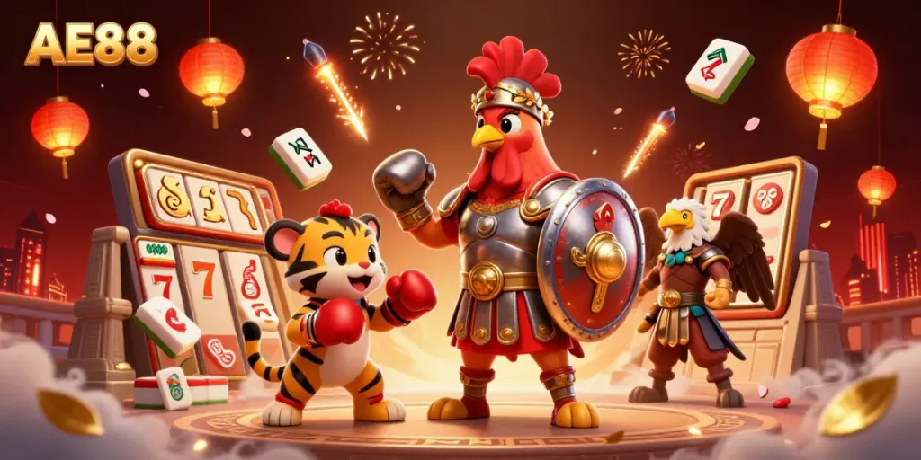 Experience the vibrant energy of AE88 with gladiator-themed casino elements and dynamic characters.