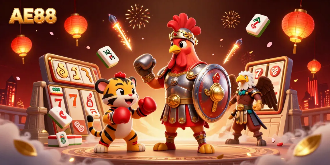 Experience the vibrant energy of AE88 with gladiator-themed casino elements and dynamic characters.