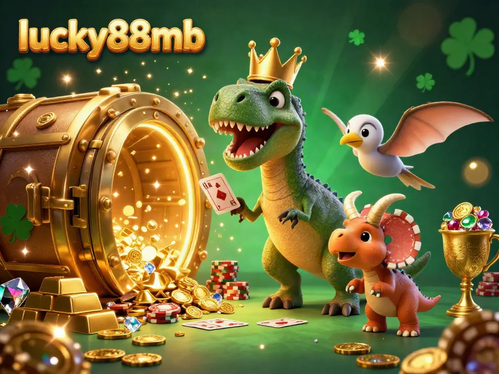 Engage with the excitement of lucky88mb featuring a friendly T-Rex shuffling cards alongside casino treasures.