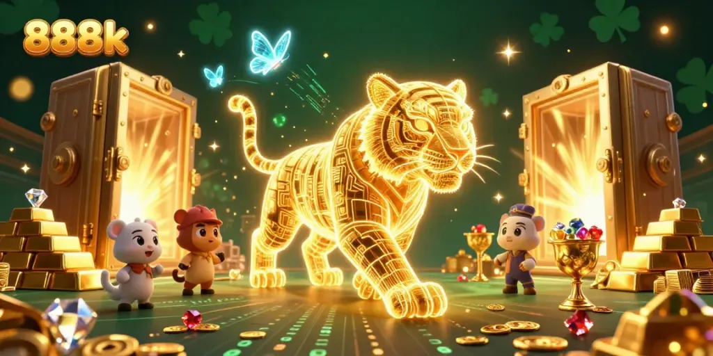 Experience the excitement at 888k with a vibrant digital casino landscape featuring a neon tiger.