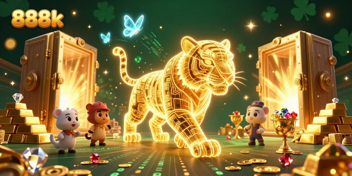 Experience the excitement at 888k with a vibrant digital casino landscape featuring a neon tiger.