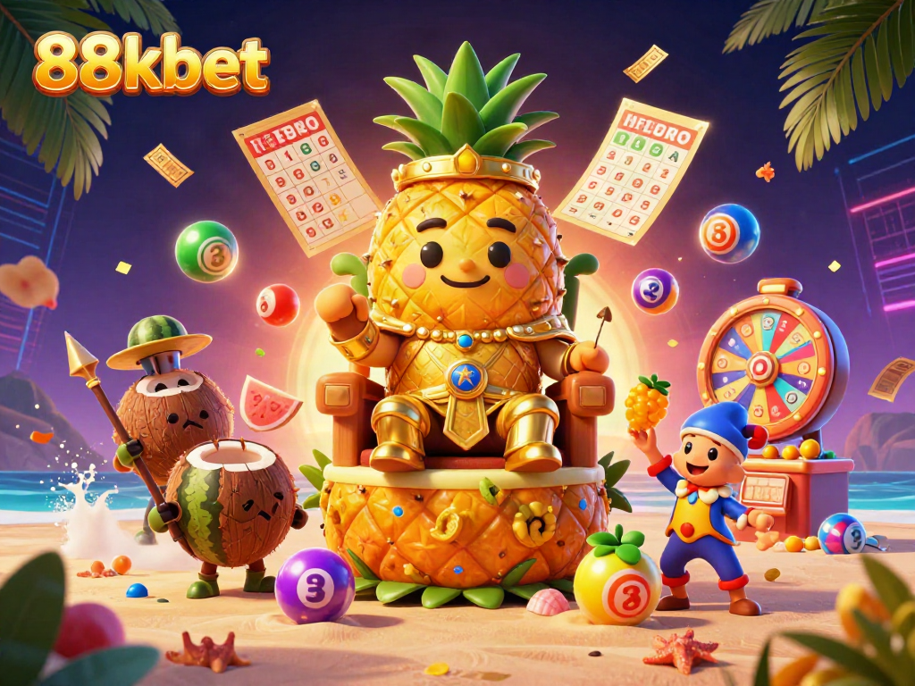 Engage in thrilling gaming at 88kbet with vibrant lottery balls and a tropical casino scene.
