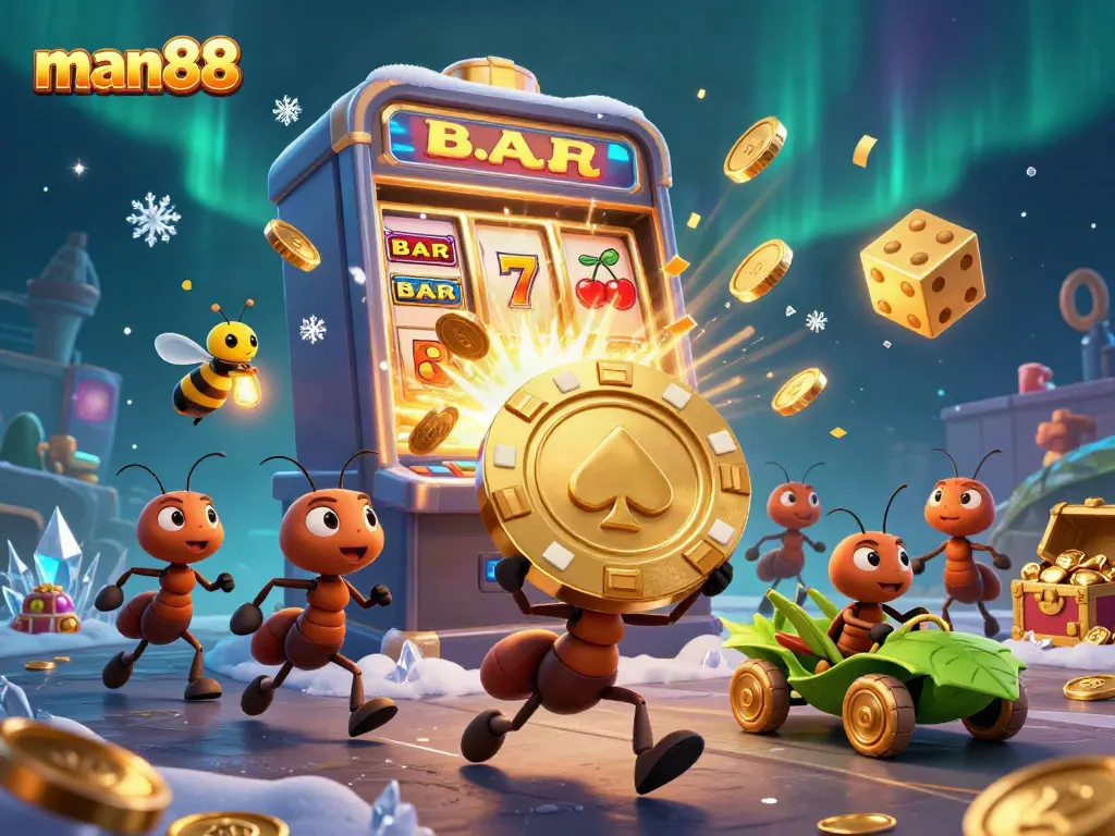 Join man88's adventure as cartoon ants carry a giant poker chip amidst a casino explosion.