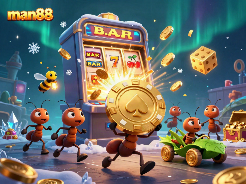 Join man88's adventure as cartoon ants carry a giant poker chip amidst a casino explosion.