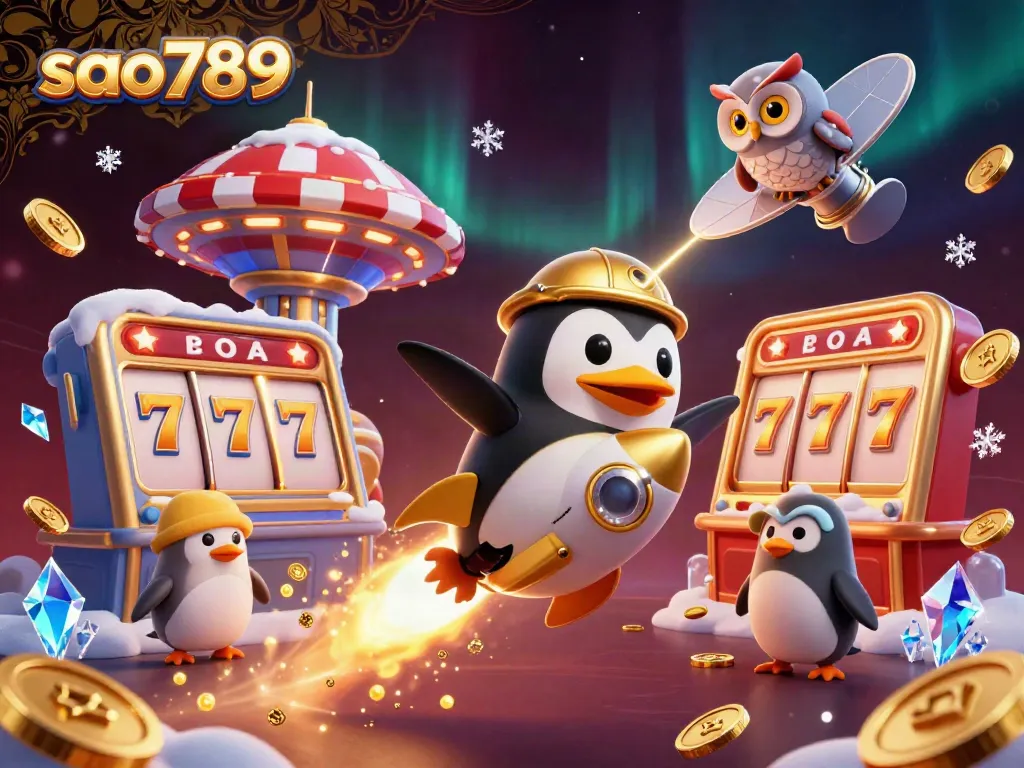Sao789 slots experience with a golden penguin, jackpot elements, and dynamic casino-themed background.