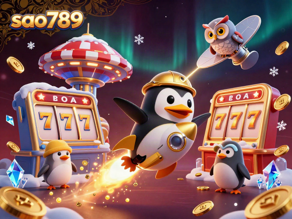 Sao789 slots experience with a golden penguin, jackpot elements, and dynamic casino-themed background.